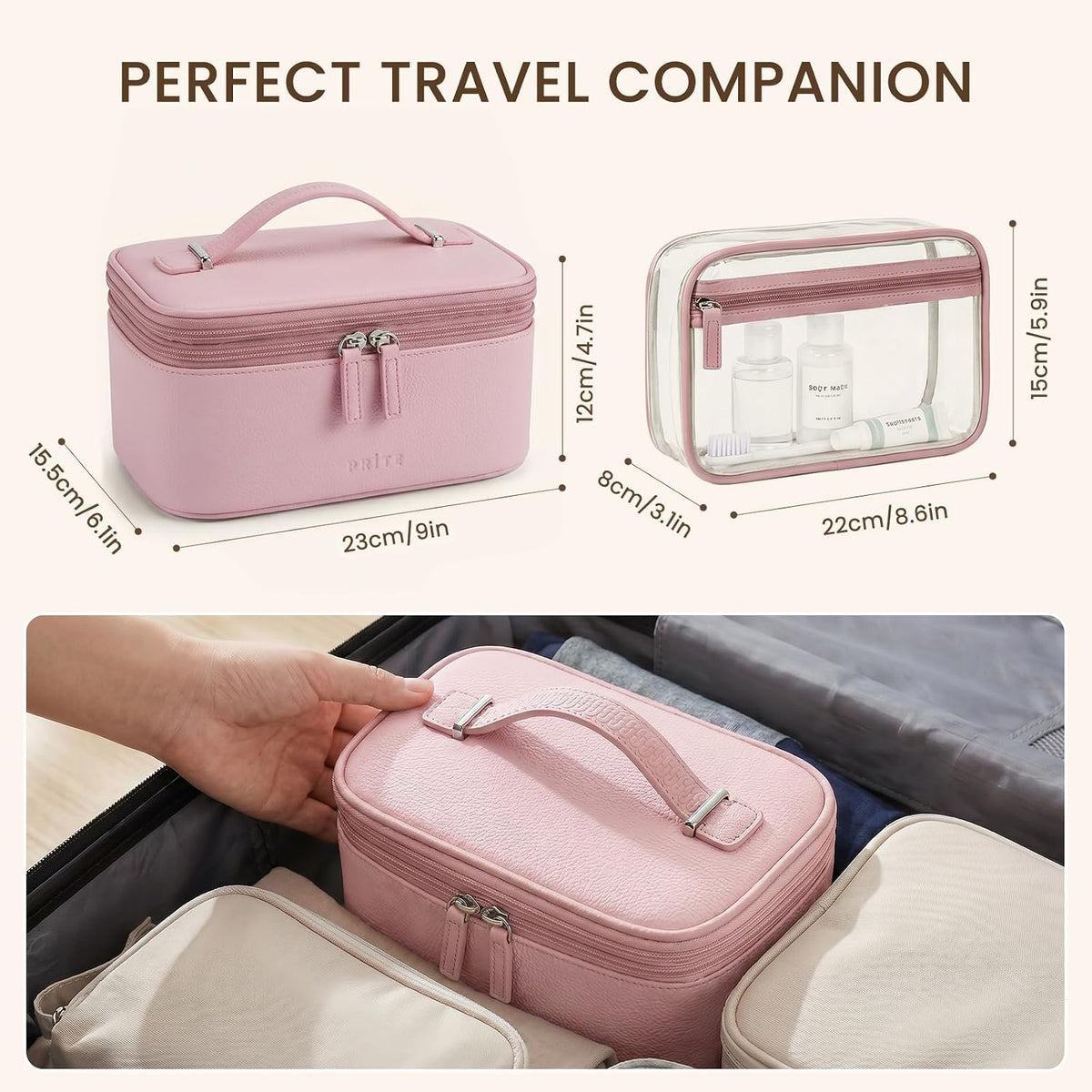 2 Pcs Makeup Bag Set Travel Cosmetic Case with Clear Toiletry Bag | Jewelry Organizer, Dual-Layer, Waterproof, for Women, Vegan Leather, Elastic Pocket, Zipper Pocket, Adjustable Divider