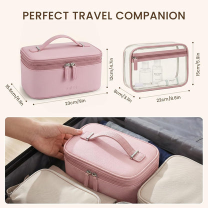 2 Pcs Makeup Bag Set Travel Cosmetic Case with Clear Toiletry Bag | Jewelry Organizer, Dual-Layer, Waterproof, for Women, Vegan Leather, Elastic Pocket, Zipper Pocket, Adjustable Divider