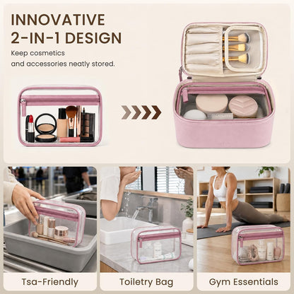 2 Pcs Makeup Bag Set Travel Cosmetic Case with Clear Toiletry Bag | Jewelry Organizer, Dual-Layer, Waterproof, for Women, Vegan Leather, Elastic Pocket, Zipper Pocket, Adjustable Divider