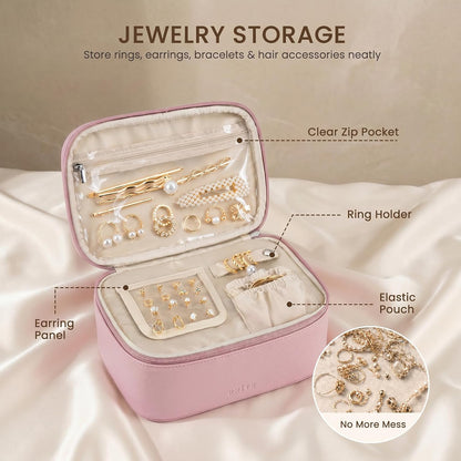 2 Pcs Makeup Bag Set Travel Cosmetic Case with Clear Toiletry Bag | Jewelry Organizer, Dual-Layer, Waterproof, for Women, Vegan Leather, Elastic Pocket, Zipper Pocket, Adjustable Divider