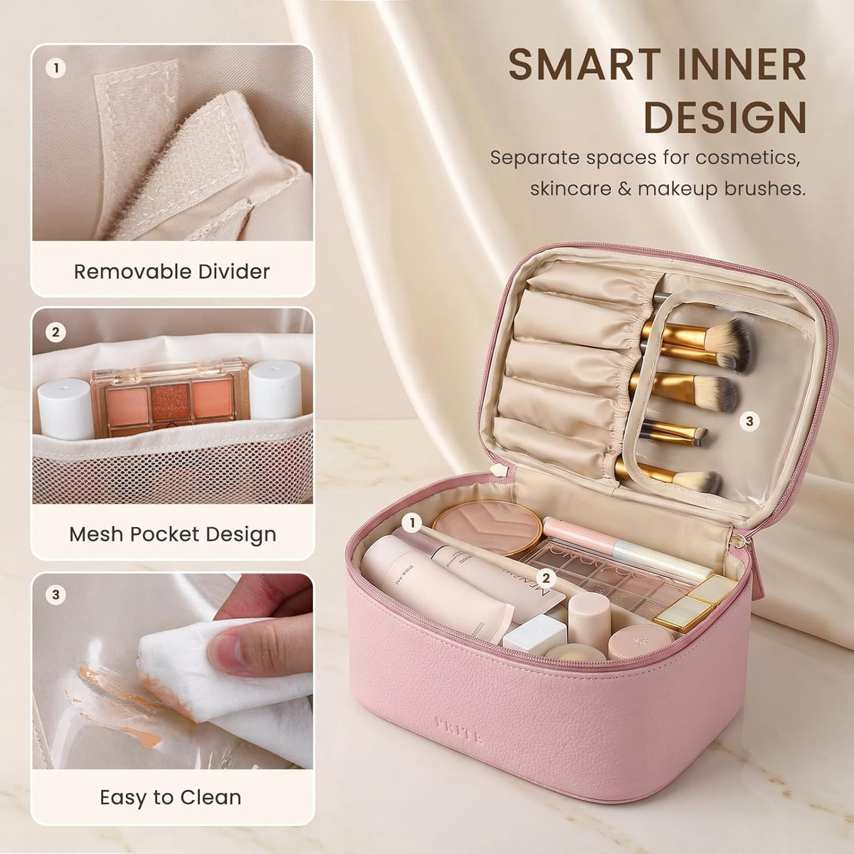2 Pcs Makeup Bag Set Travel Cosmetic Case with Clear Toiletry Bag | Jewelry Organizer, Dual-Layer, Waterproof, for Women, Vegan Leather, Elastic Pocket, Zipper Pocket, Adjustable Divider