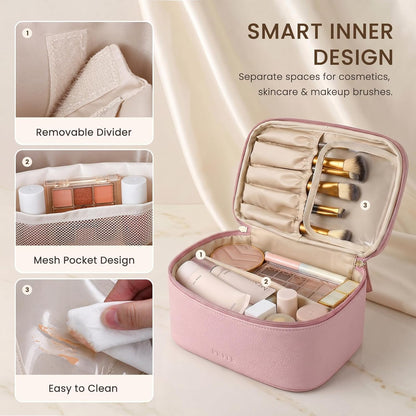 2 Pcs Makeup Bag Set Travel Cosmetic Case with Clear Toiletry Bag | Jewelry Organizer, Dual-Layer, Waterproof, for Women, Vegan Leather, Elastic Pocket, Zipper Pocket, Adjustable Divider