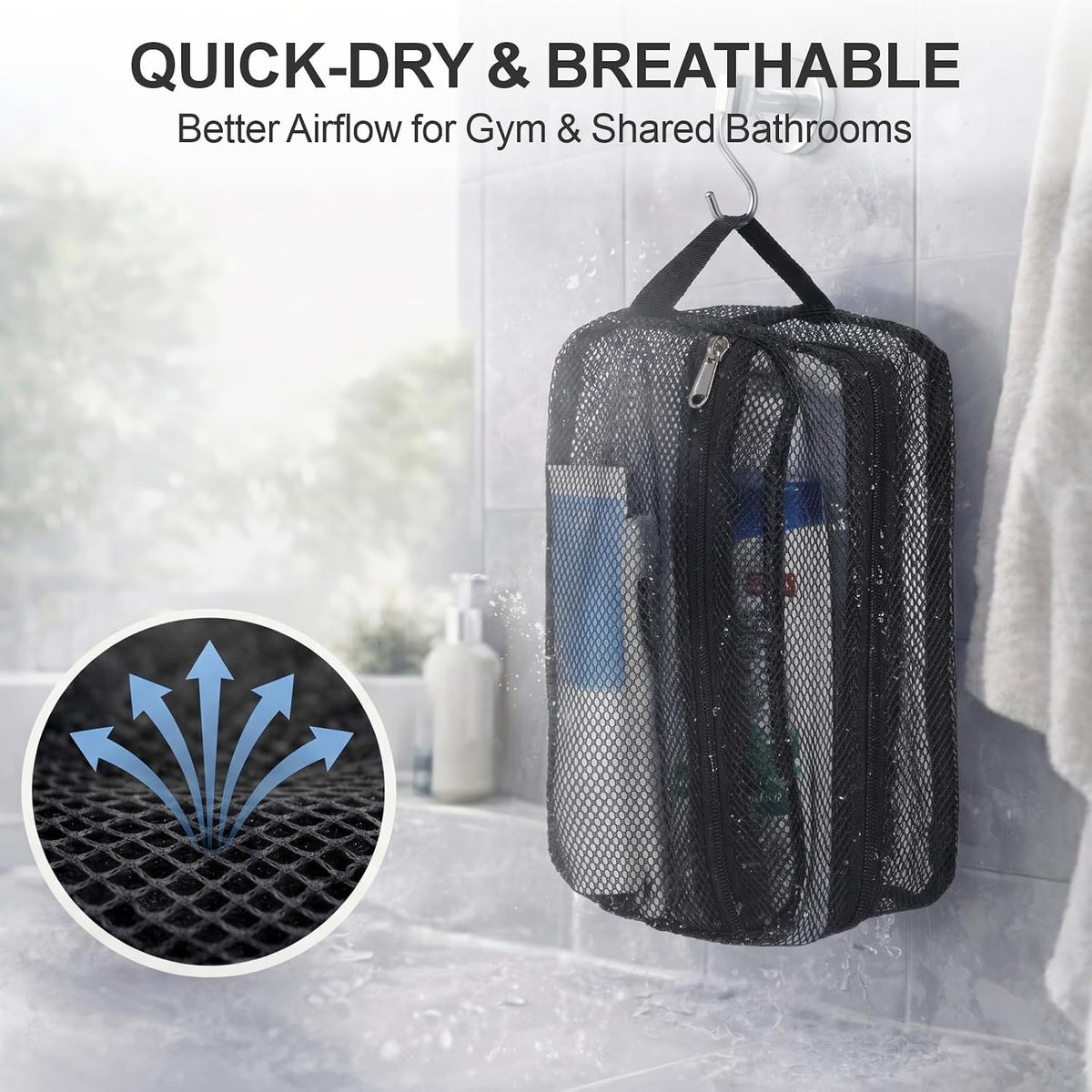 Small Mesh Shower Caddy Portable - Zipper Gym Shower Bag for Travel, Purple | 3 Pockets, Quick-Dry Mesh, S-Hook, Hanging Shower Caddy for Toiletry Essentials, Bathroom & Camping