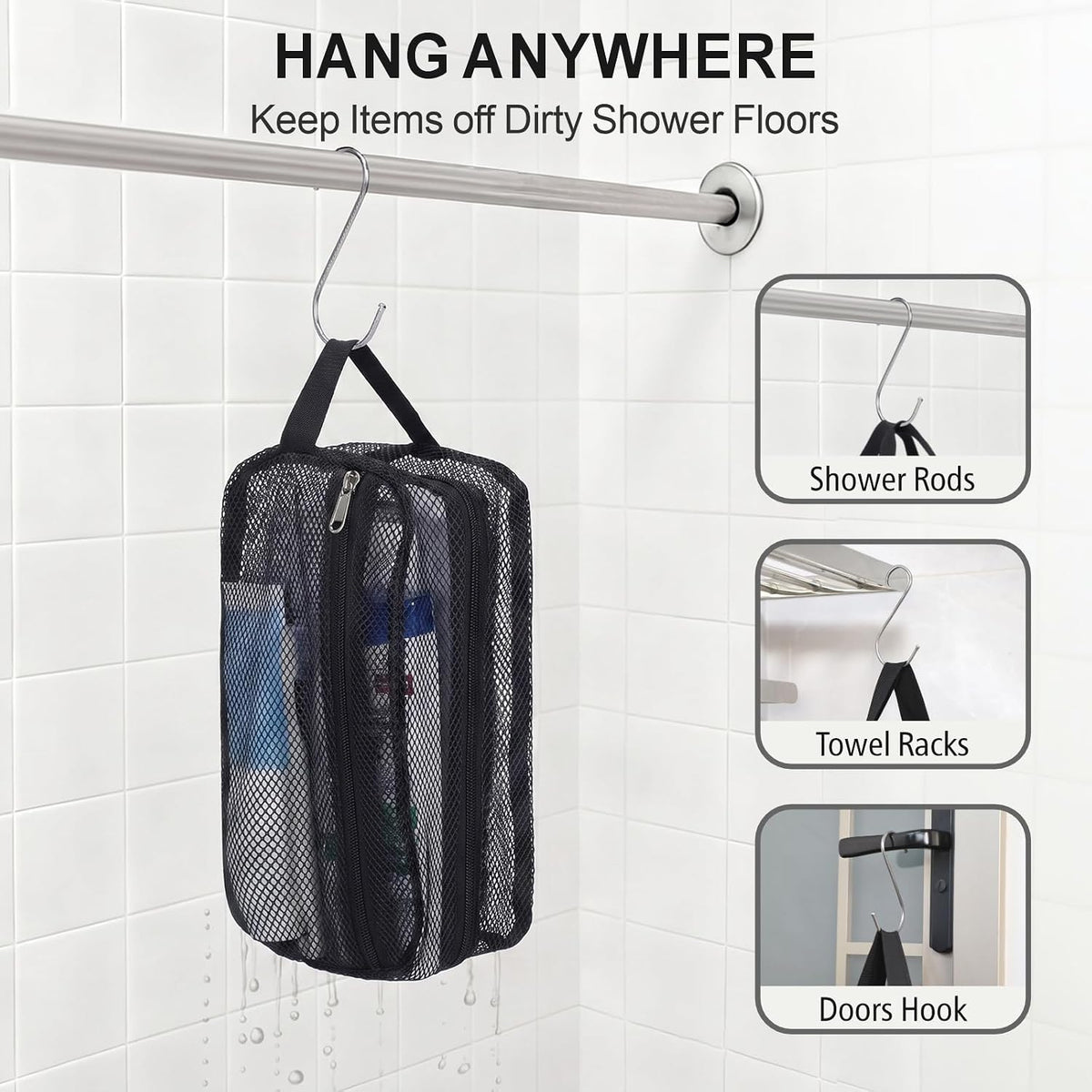 Small Mesh Shower Caddy Portable - Zipper Gym Shower Bag for Travel, Purple | 3 Pockets, Quick-Dry Mesh, S-Hook, Hanging Shower Caddy for Toiletry Essentials, Bathroom & Camping