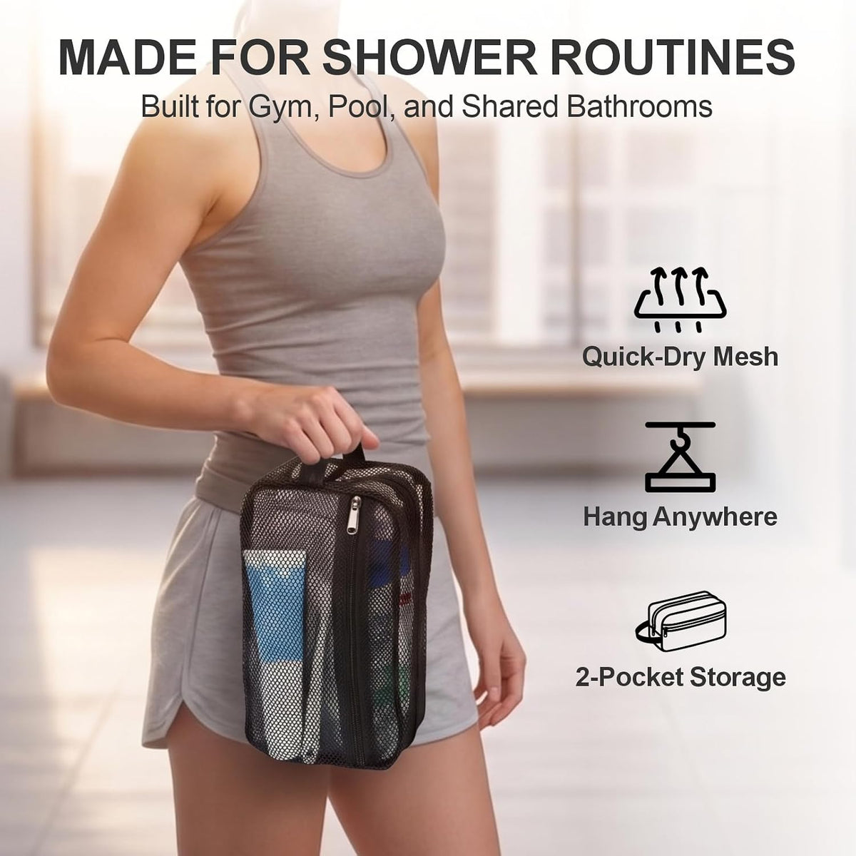 Small Mesh Shower Caddy Portable - Zipper Gym Shower Bag for Travel, Purple | 3 Pockets, Quick-Dry Mesh, S-Hook, Hanging Shower Caddy for Toiletry Essentials, Bathroom & Camping