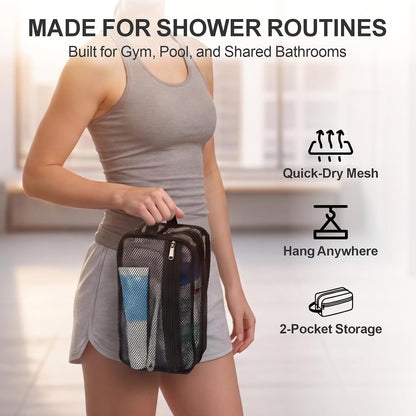 Small Mesh Shower Caddy Portable - Zipper Gym Shower Bag for Travel, Purple | 3 Pockets, Quick-Dry Mesh, S-Hook, Hanging Shower Caddy for Toiletry Essentials, Bathroom & Camping