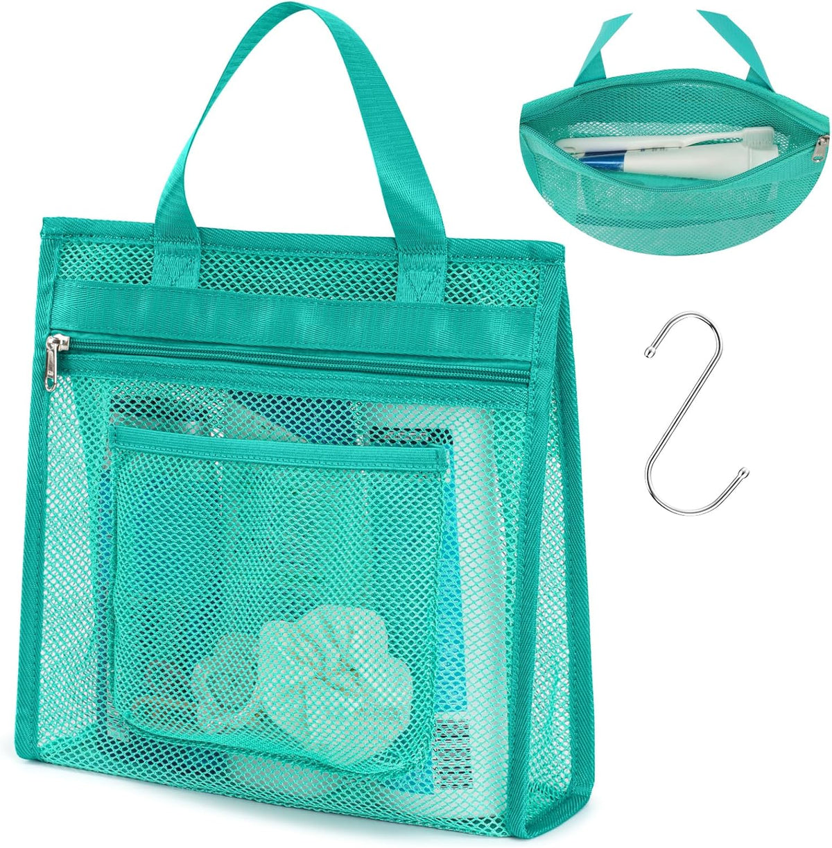 Small Mesh Shower Caddy Portable - Zipper Gym Shower Bag for Travel, Purple | 3 Pockets, Quick-Dry Mesh, S-Hook, Hanging Shower Caddy for Toiletry Essentials, Bathroom & Camping
