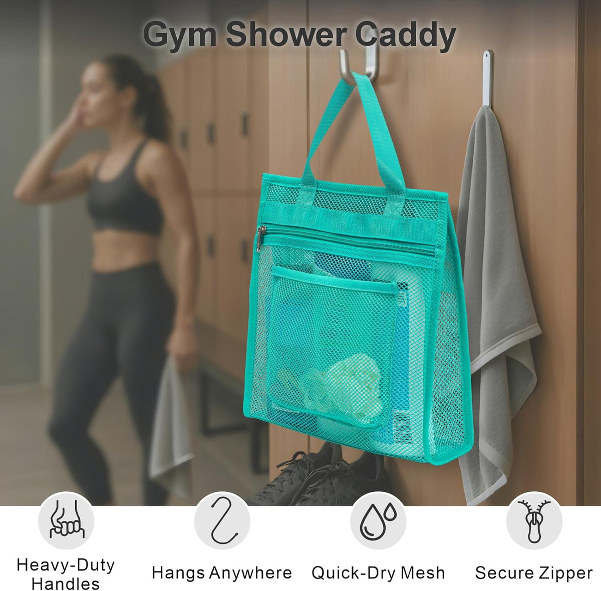 Small Mesh Shower Caddy Portable - Zipper Gym Shower Bag for Travel, Purple | 3 Pockets, Quick-Dry Mesh, S-Hook, Hanging Shower Caddy for Toiletry Essentials, Bathroom & Camping
