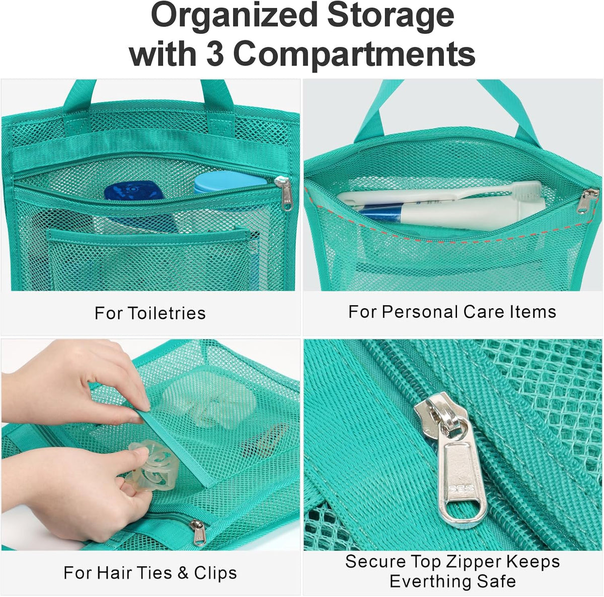 Small Mesh Shower Caddy Portable - Zipper Gym Shower Bag for Travel, Purple | 3 Pockets, Quick-Dry Mesh, S-Hook, Hanging Shower Caddy for Toiletry Essentials, Bathroom & Camping