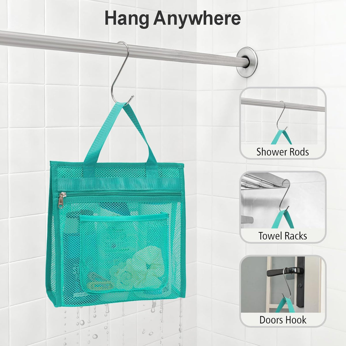 Small Mesh Shower Caddy Portable - Zipper Gym Shower Bag for Travel, Purple | 3 Pockets, Quick-Dry Mesh, S-Hook, Hanging Shower Caddy for Toiletry Essentials, Bathroom & Camping
