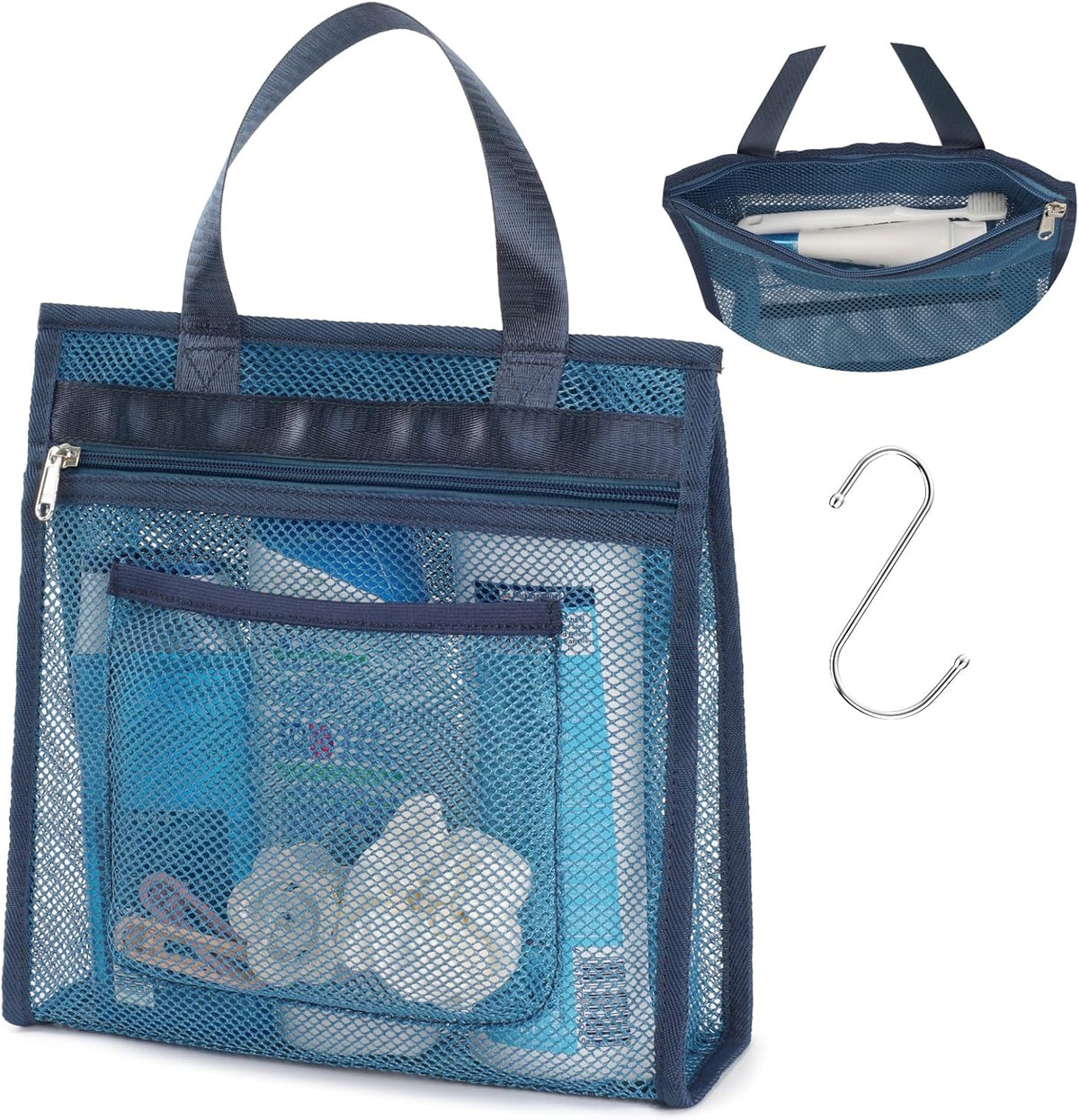 Small Mesh Shower Caddy Portable - Zipper Gym Shower Bag for Travel, Purple | 3 Pockets, Quick-Dry Mesh, S-Hook, Hanging Shower Caddy for Toiletry Essentials, Bathroom & Camping