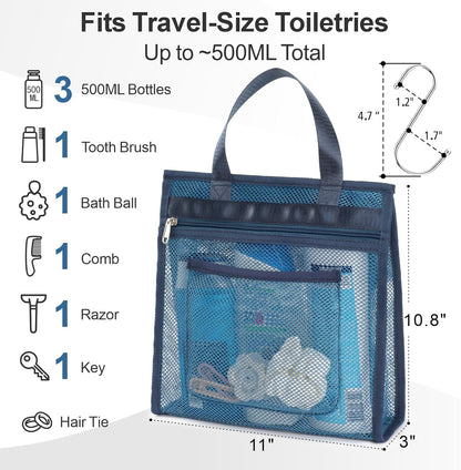Small Mesh Shower Caddy Portable - Zipper Gym Shower Bag for Travel, Purple | 3 Pockets, Quick-Dry Mesh, S-Hook, Hanging Shower Caddy for Toiletry Essentials, Bathroom & Camping