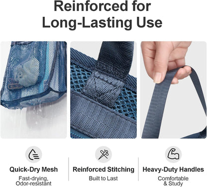 Small Mesh Shower Caddy Portable - Zipper Gym Shower Bag for Travel, Purple | 3 Pockets, Quick-Dry Mesh, S-Hook, Hanging Shower Caddy for Toiletry Essentials, Bathroom & Camping