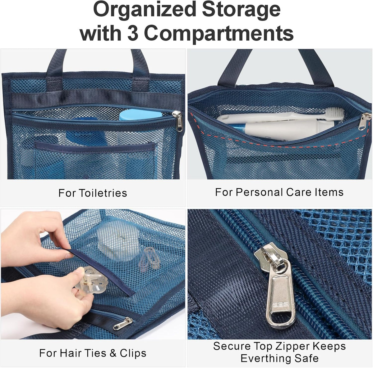 Small Mesh Shower Caddy Portable - Zipper Gym Shower Bag for Travel, Purple | 3 Pockets, Quick-Dry Mesh, S-Hook, Hanging Shower Caddy for Toiletry Essentials, Bathroom & Camping