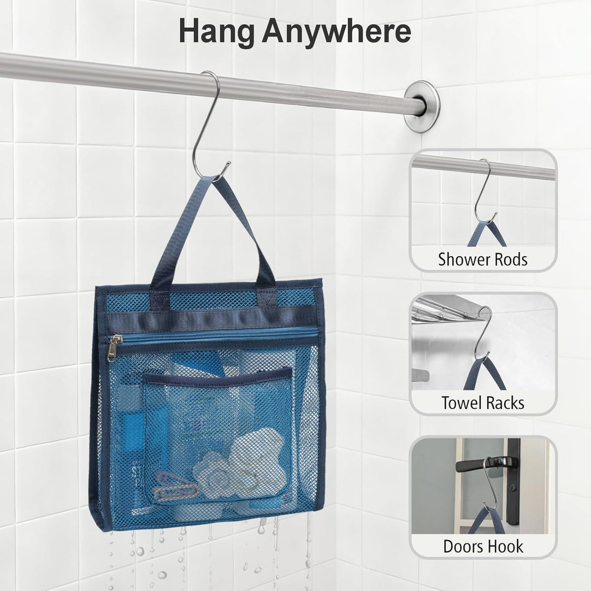Small Mesh Shower Caddy Portable - Zipper Gym Shower Bag for Travel, Purple | 3 Pockets, Quick-Dry Mesh, S-Hook, Hanging Shower Caddy for Toiletry Essentials, Bathroom & Camping