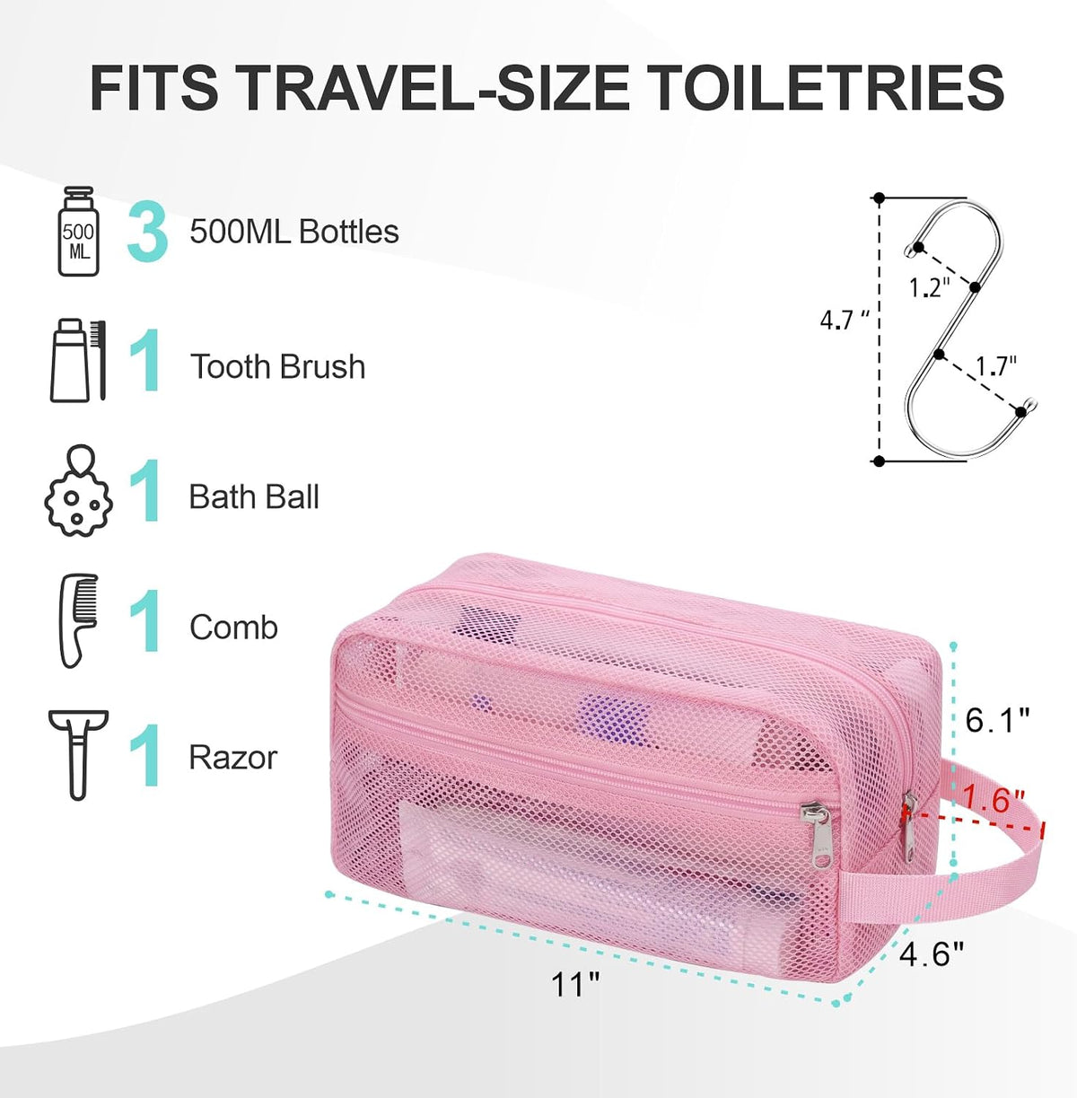 Small Mesh Shower Caddy Portable - Zipper Gym Shower Bag for Travel, Purple | 3 Pockets, Quick-Dry Mesh, S-Hook, Hanging Shower Caddy for Toiletry Essentials, Bathroom & Camping
