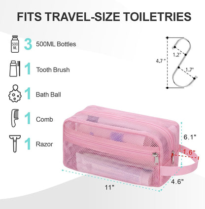 Small Mesh Shower Caddy Portable - Zipper Gym Shower Bag for Travel, Purple | 3 Pockets, Quick-Dry Mesh, S-Hook, Hanging Shower Caddy for Toiletry Essentials, Bathroom & Camping