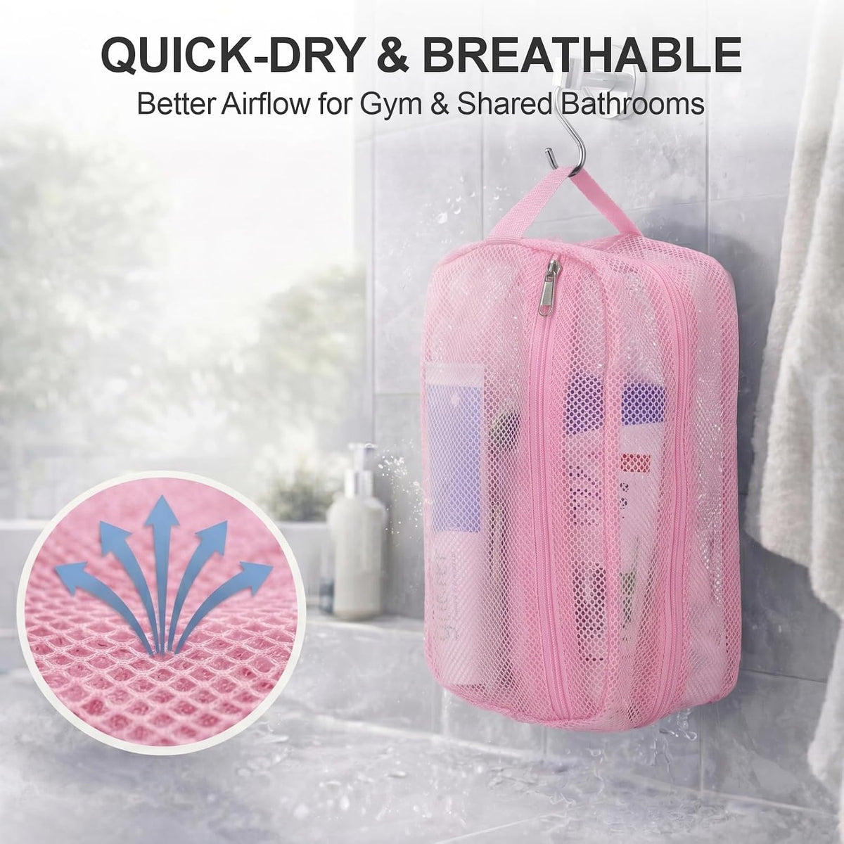 Small Mesh Shower Caddy Portable - Zipper Gym Shower Bag for Travel, Purple | 3 Pockets, Quick-Dry Mesh, S-Hook, Hanging Shower Caddy for Toiletry Essentials, Bathroom & Camping