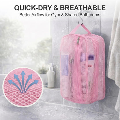 Small Mesh Shower Caddy Portable - Zipper Gym Shower Bag for Travel, Purple | 3 Pockets, Quick-Dry Mesh, S-Hook, Hanging Shower Caddy for Toiletry Essentials, Bathroom & Camping