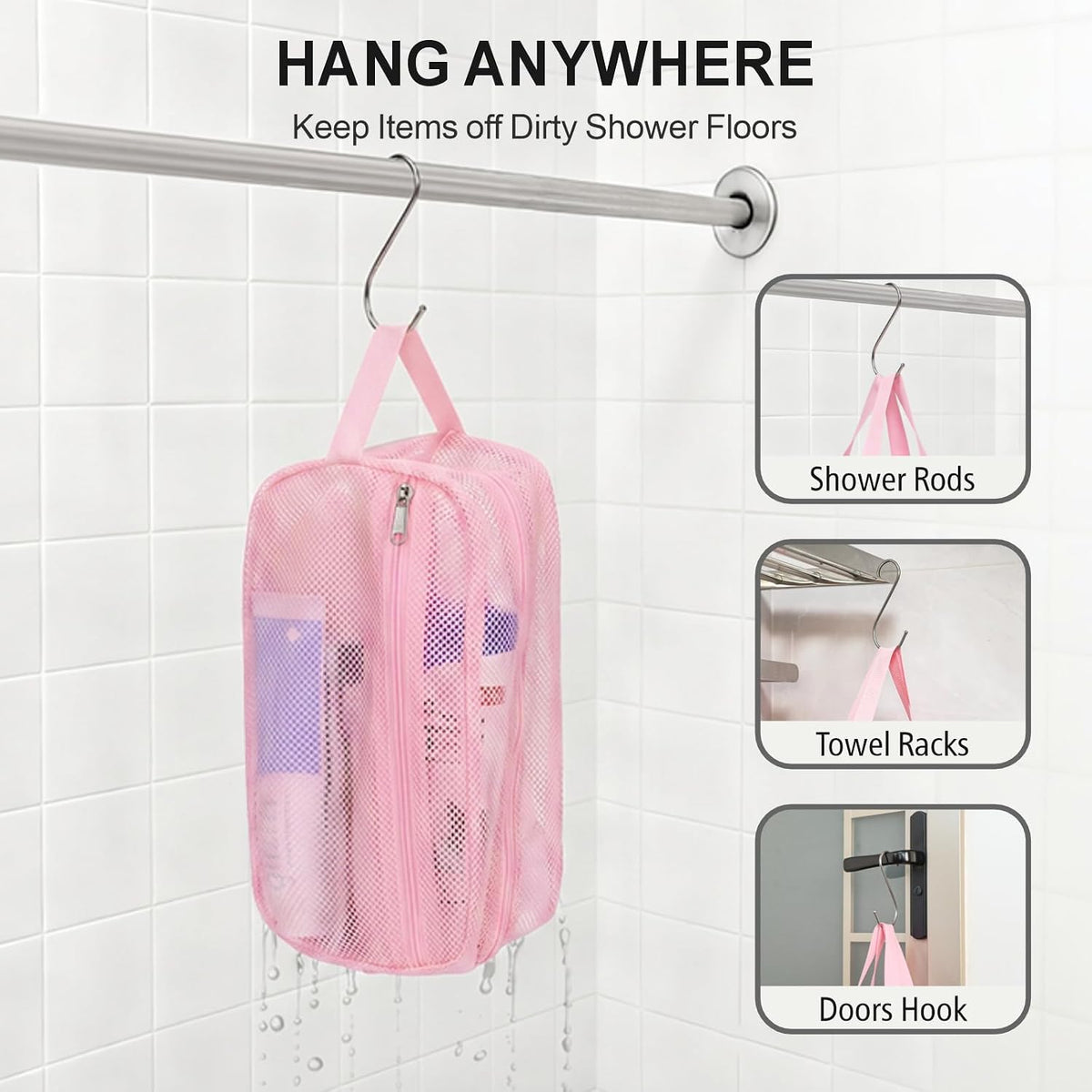 Small Mesh Shower Caddy Portable - Zipper Gym Shower Bag for Travel, Purple | 3 Pockets, Quick-Dry Mesh, S-Hook, Hanging Shower Caddy for Toiletry Essentials, Bathroom & Camping