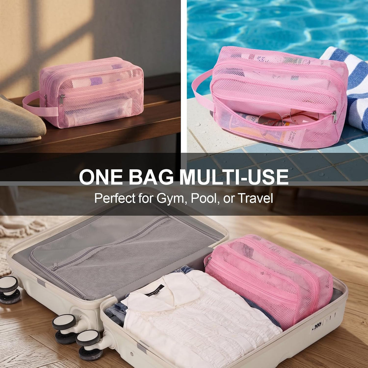 Small Mesh Shower Caddy Portable - Zipper Gym Shower Bag for Travel, Purple | 3 Pockets, Quick-Dry Mesh, S-Hook, Hanging Shower Caddy for Toiletry Essentials, Bathroom & Camping