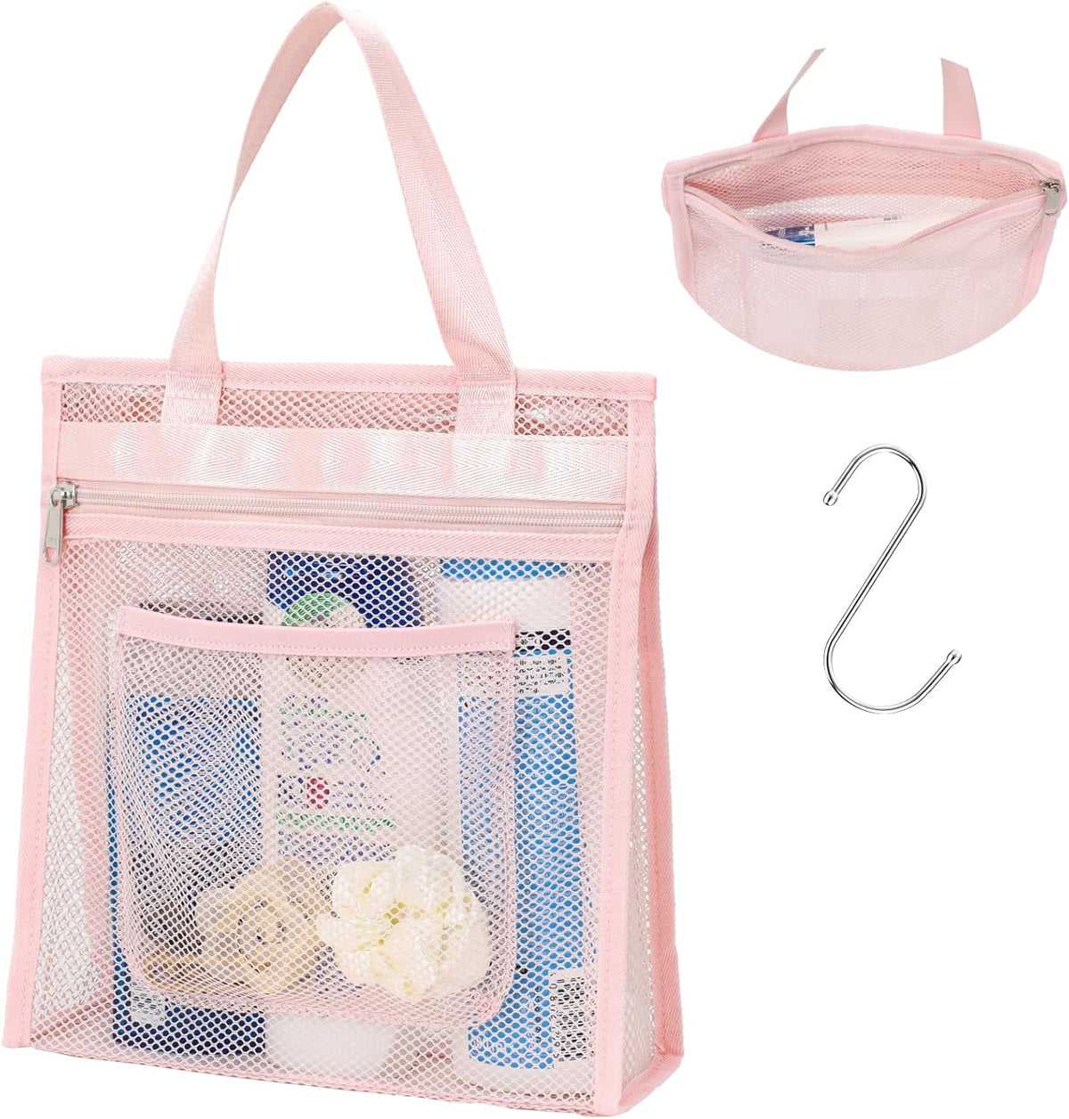 Small Mesh Shower Caddy Portable - Zipper Gym Shower Bag for Travel, Purple | 3 Pockets, Quick-Dry Mesh, S-Hook, Hanging Shower Caddy for Toiletry Essentials, Bathroom & Camping