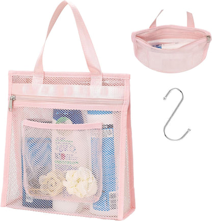 Small Mesh Shower Caddy Portable - Zipper Gym Shower Bag for Travel, Purple | 3 Pockets, Quick-Dry Mesh, S-Hook, Hanging Shower Caddy for Toiletry Essentials, Bathroom & Camping