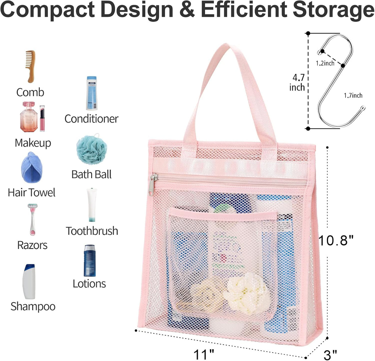 Small Mesh Shower Caddy Portable - Zipper Gym Shower Bag for Travel, Purple | 3 Pockets, Quick-Dry Mesh, S-Hook, Hanging Shower Caddy for Toiletry Essentials, Bathroom & Camping