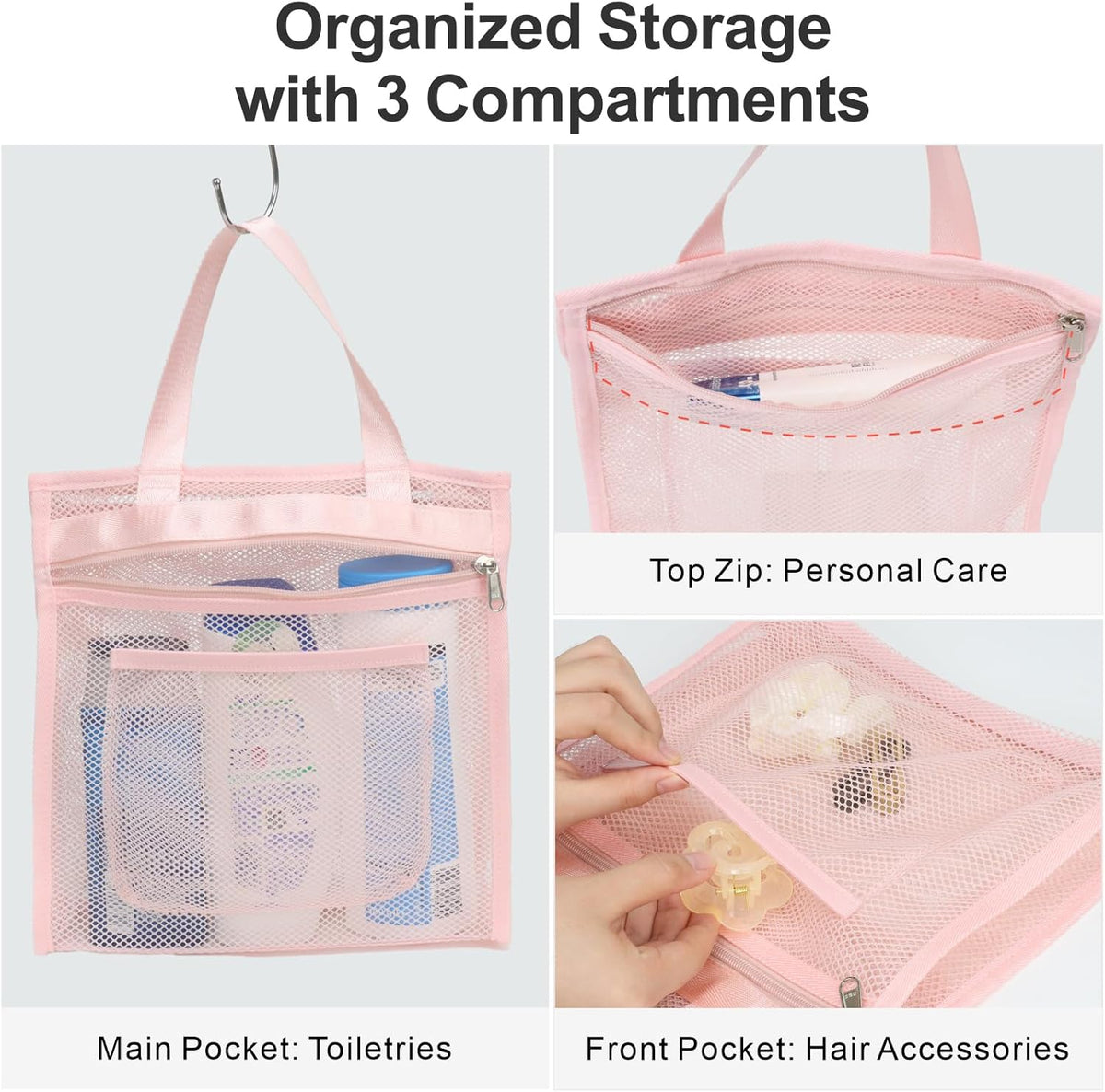 Small Mesh Shower Caddy Portable - Zipper Gym Shower Bag for Travel, Purple | 3 Pockets, Quick-Dry Mesh, S-Hook, Hanging Shower Caddy for Toiletry Essentials, Bathroom & Camping