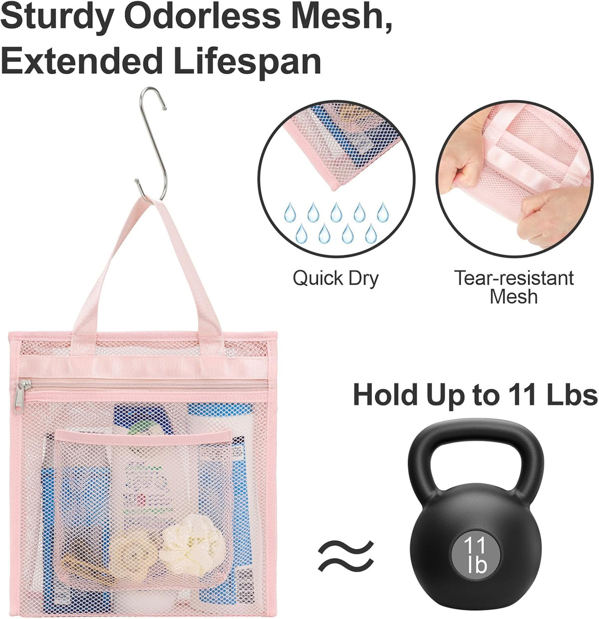 Small Mesh Shower Caddy Portable - Zipper Gym Shower Bag for Travel, Purple | 3 Pockets, Quick-Dry Mesh, S-Hook, Hanging Shower Caddy for Toiletry Essentials, Bathroom & Camping