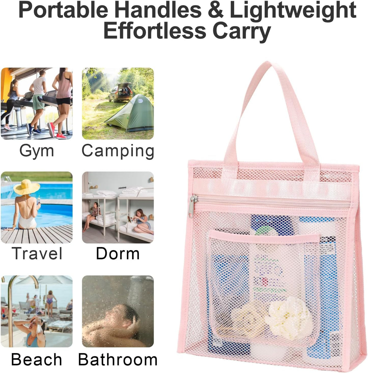Small Mesh Shower Caddy Portable - Zipper Gym Shower Bag for Travel, Purple | 3 Pockets, Quick-Dry Mesh, S-Hook, Hanging Shower Caddy for Toiletry Essentials, Bathroom & Camping