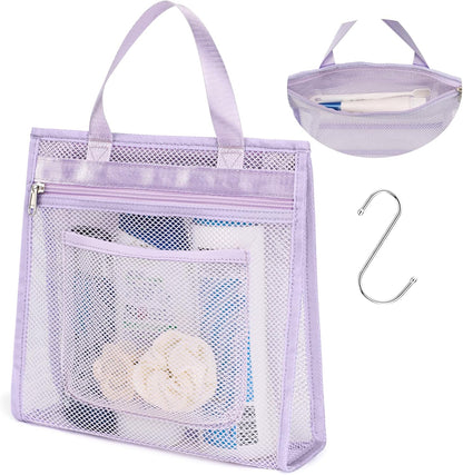 Small Mesh Shower Caddy Portable - Zipper Gym Shower Bag for Travel, Purple | 3 Pockets, Quick-Dry Mesh, S-Hook, Hanging Shower Caddy for Toiletry Essentials, Bathroom & Camping