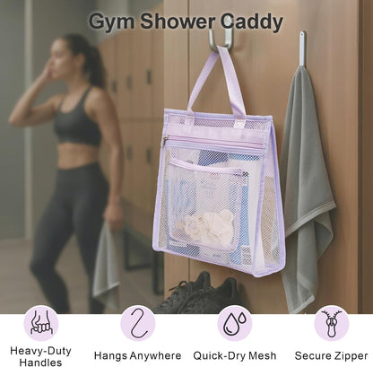 Small Mesh Shower Caddy Portable - Zipper Gym Shower Bag for Travel, Purple | 3 Pockets, Quick-Dry Mesh, S-Hook, Hanging Shower Caddy for Toiletry Essentials, Bathroom & Camping
