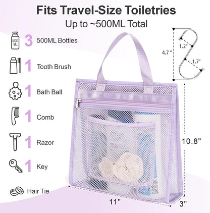 Small Mesh Shower Caddy Portable - Zipper Gym Shower Bag for Travel, Purple | 3 Pockets, Quick-Dry Mesh, S-Hook, Hanging Shower Caddy for Toiletry Essentials, Bathroom & Camping