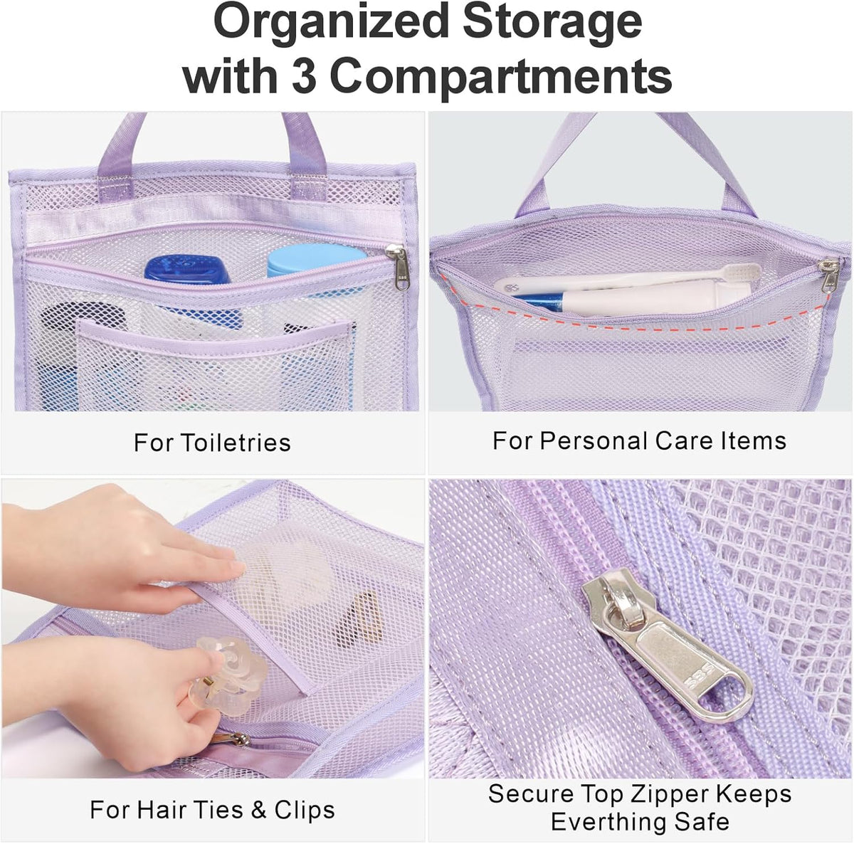 Small Mesh Shower Caddy Portable - Zipper Gym Shower Bag for Travel, Purple | 3 Pockets, Quick-Dry Mesh, S-Hook, Hanging Shower Caddy for Toiletry Essentials, Bathroom & Camping