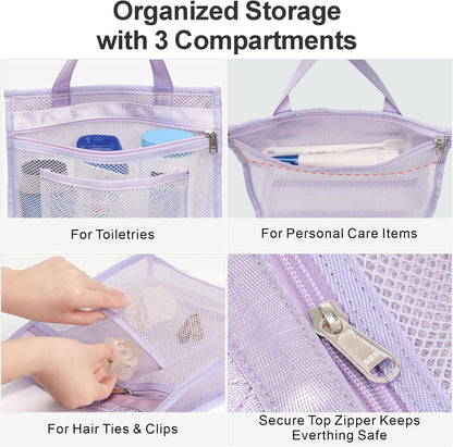 Small Mesh Shower Caddy Portable - Zipper Gym Shower Bag for Travel, Purple | 3 Pockets, Quick-Dry Mesh, S-Hook, Hanging Shower Caddy for Toiletry Essentials, Bathroom & Camping