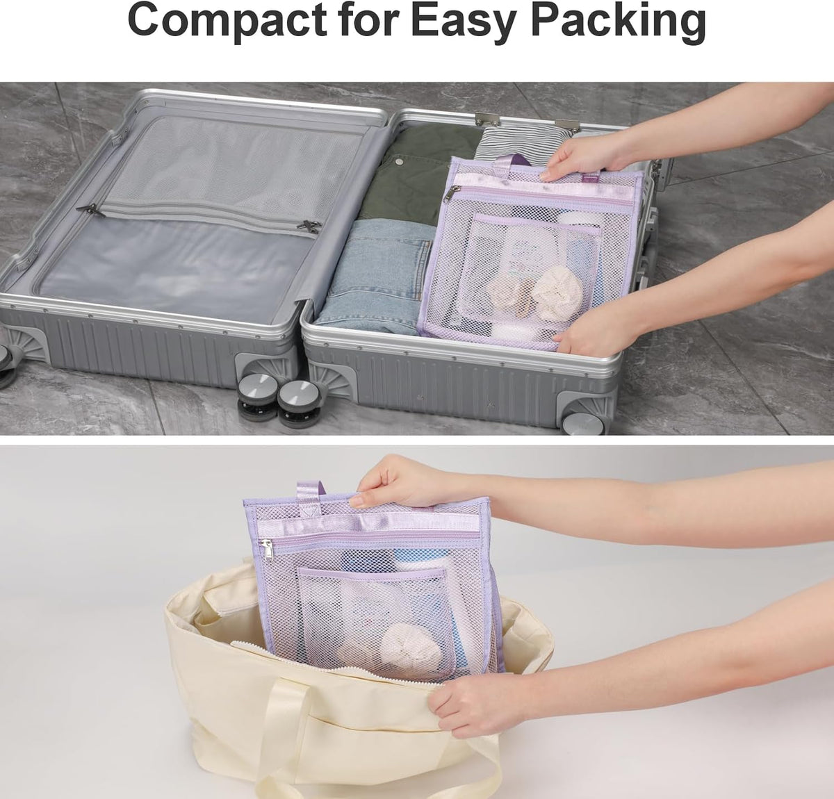 Small Mesh Shower Caddy Portable - Zipper Gym Shower Bag for Travel, Purple | 3 Pockets, Quick-Dry Mesh, S-Hook, Hanging Shower Caddy for Toiletry Essentials, Bathroom & Camping