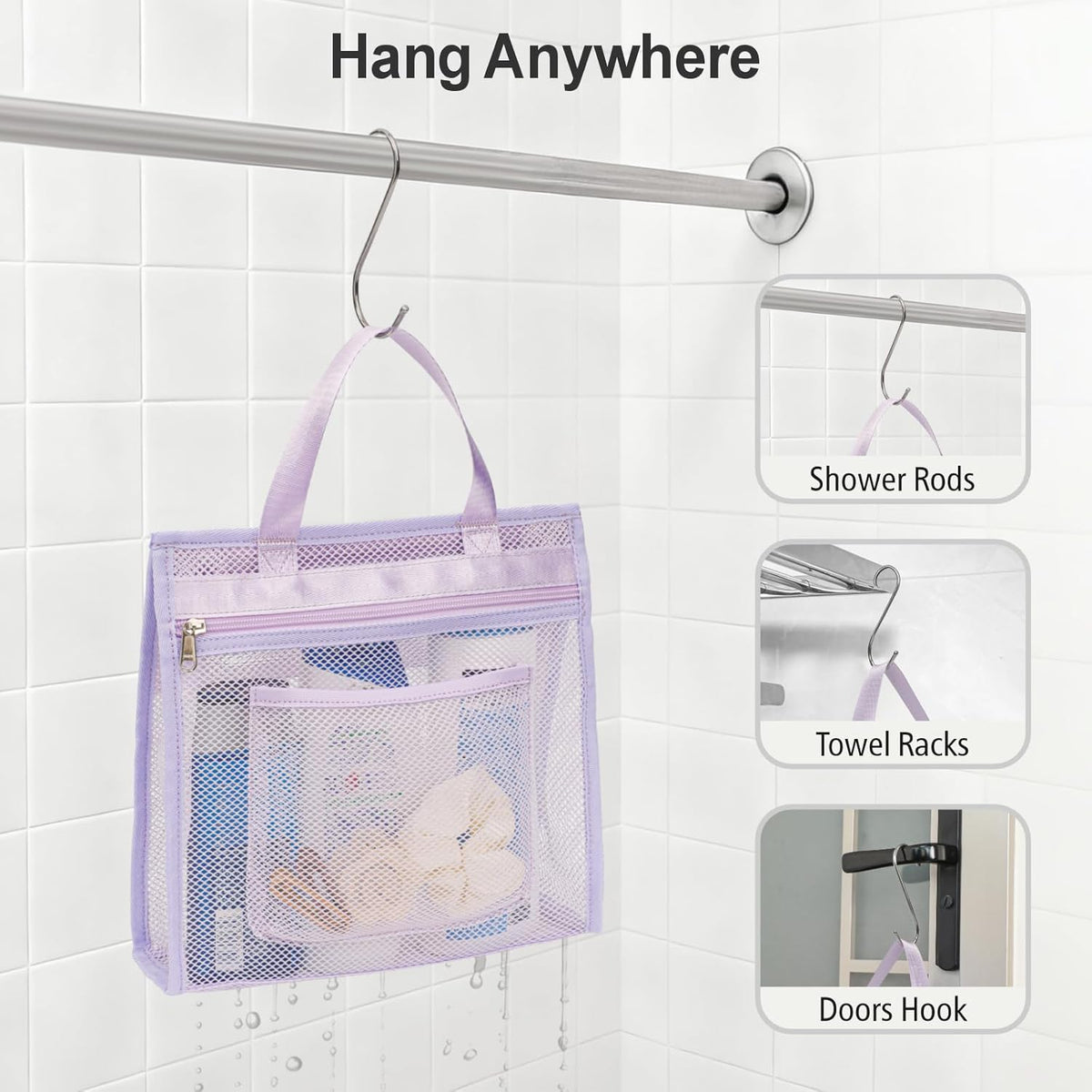 Small Mesh Shower Caddy Portable - Zipper Gym Shower Bag for Travel, Purple | 3 Pockets, Quick-Dry Mesh, S-Hook, Hanging Shower Caddy for Toiletry Essentials, Bathroom & Camping