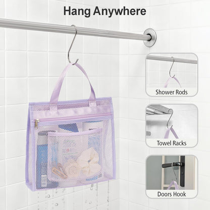Small Mesh Shower Caddy Portable - Zipper Gym Shower Bag for Travel, Purple | 3 Pockets, Quick-Dry Mesh, S-Hook, Hanging Shower Caddy for Toiletry Essentials, Bathroom & Camping