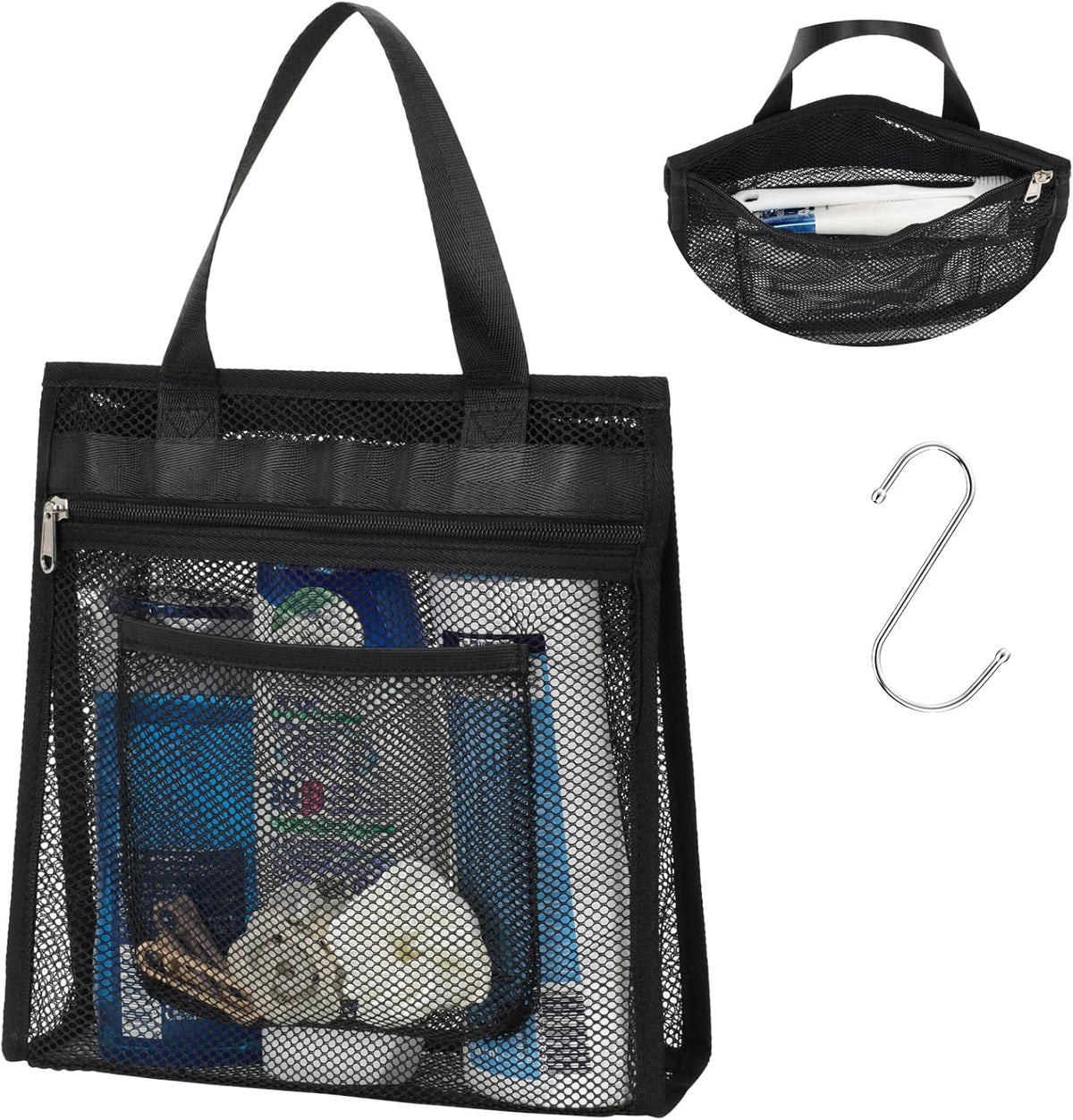 Small Mesh Shower Caddy Portable - Zipper Gym Shower Bag for Travel, Purple | 3 Pockets, Quick-Dry Mesh, S-Hook, Hanging Shower Caddy for Toiletry Essentials, Bathroom & Camping