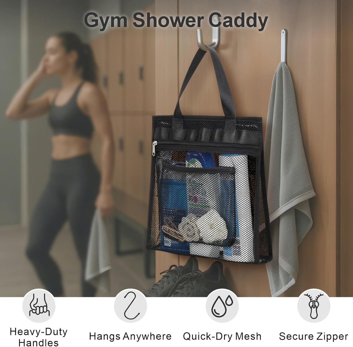 Small Mesh Shower Caddy Portable - Zipper Gym Shower Bag for Travel, Purple | 3 Pockets, Quick-Dry Mesh, S-Hook, Hanging Shower Caddy for Toiletry Essentials, Bathroom & Camping