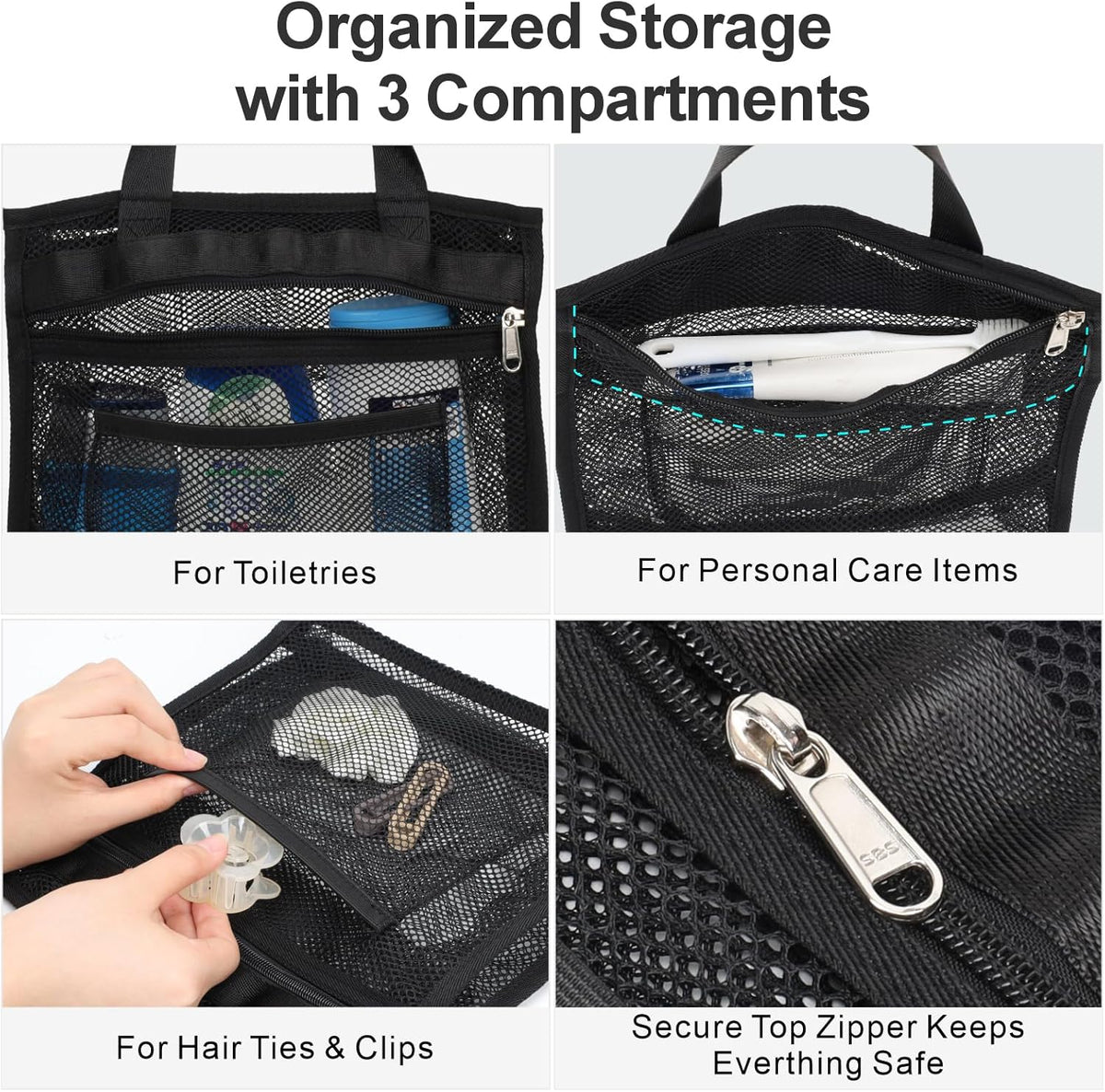 Small Mesh Shower Caddy Portable - Zipper Gym Shower Bag for Travel, Purple | 3 Pockets, Quick-Dry Mesh, S-Hook, Hanging Shower Caddy for Toiletry Essentials, Bathroom & Camping