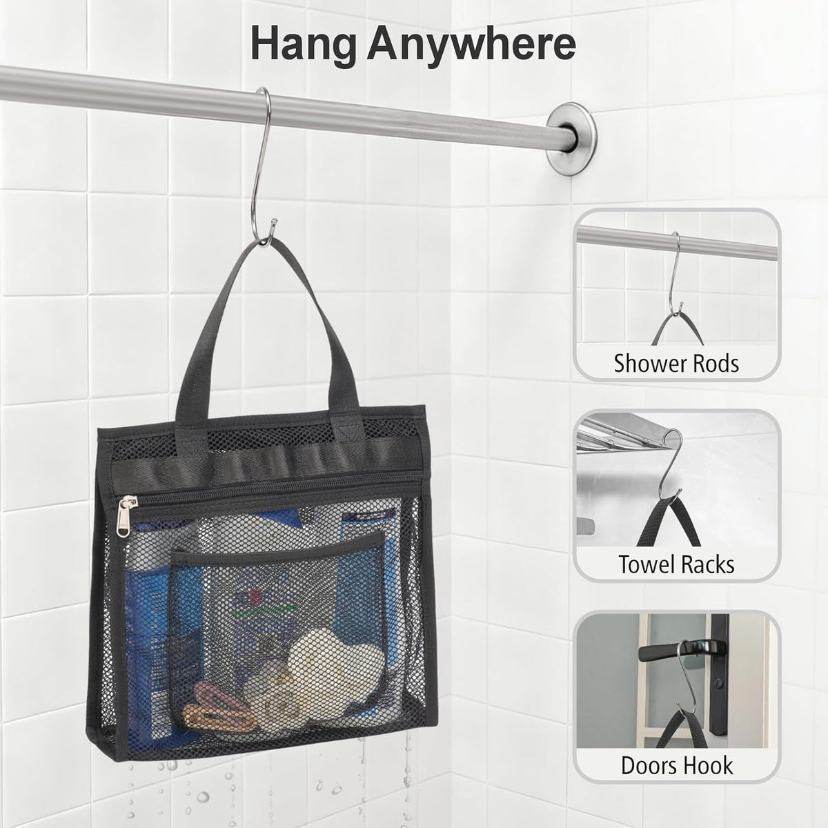 Small Mesh Shower Caddy Portable - Zipper Gym Shower Bag for Travel, Purple | 3 Pockets, Quick-Dry Mesh, S-Hook, Hanging Shower Caddy for Toiletry Essentials, Bathroom & Camping
