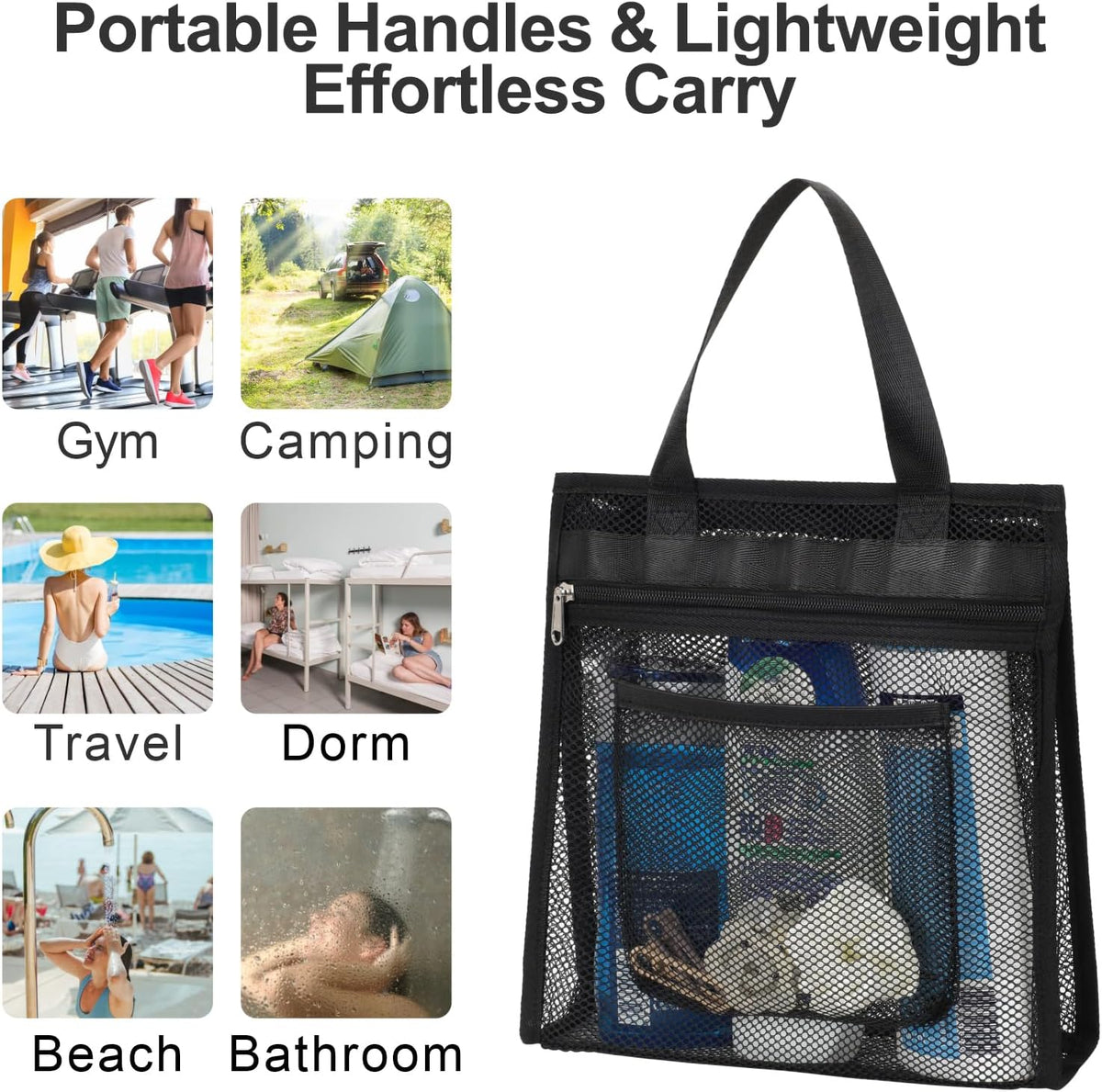 Small Mesh Shower Caddy Portable - Zipper Gym Shower Bag for Travel, Purple | 3 Pockets, Quick-Dry Mesh, S-Hook, Hanging Shower Caddy for Toiletry Essentials, Bathroom & Camping