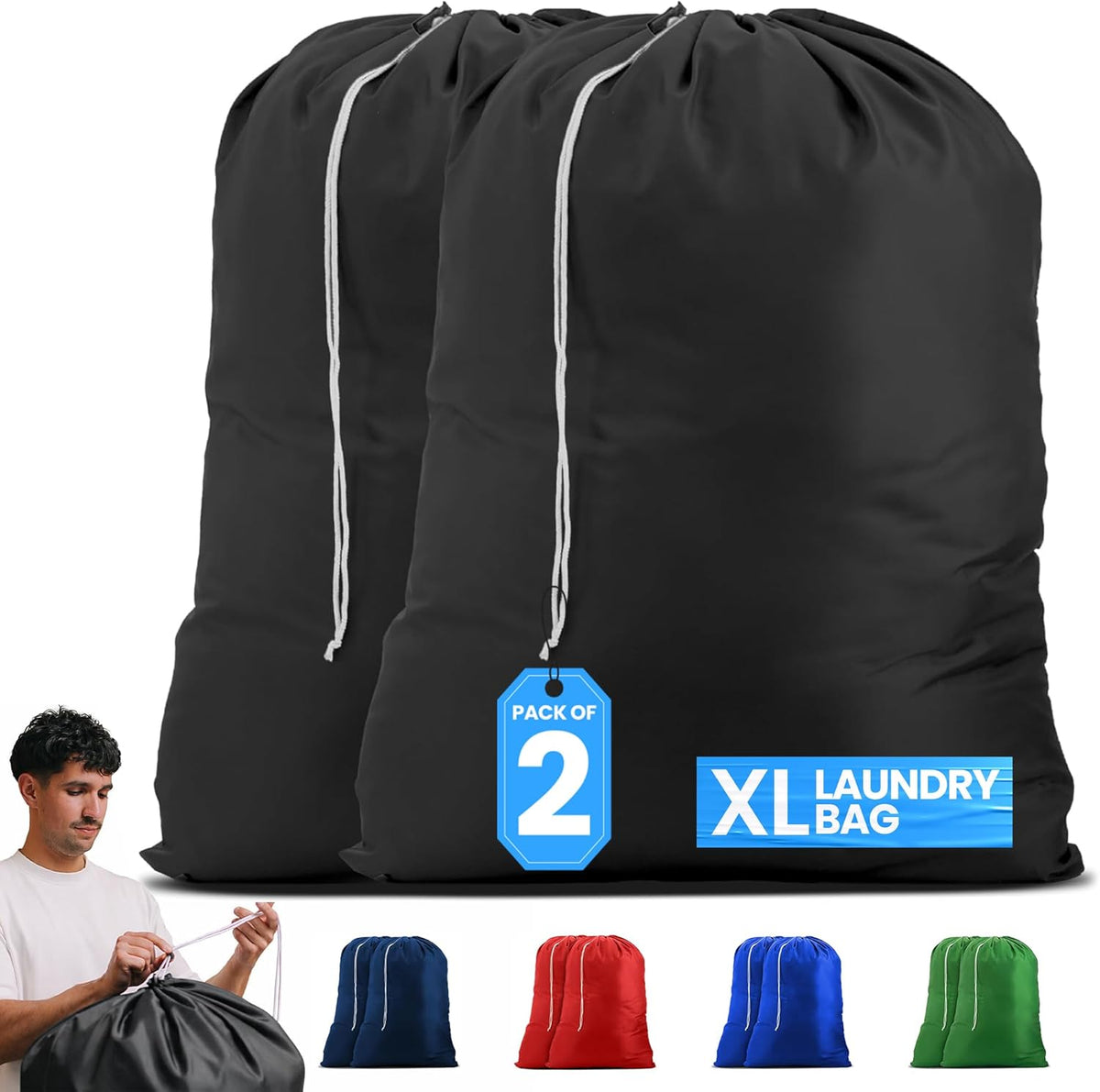 Nylon XL - Large Capacity with Locking Drawstring, Machine Washable, Fits Laundry Baskets or Hampers, Holds 3 Loads of Clothes - Black (Pack of 2)