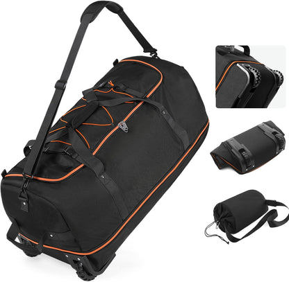 Wheeled Collapsible Duffel Bag,110L-140L Expandable Checked Luggage, No-Telescopic-Handle with Anti-Burst Zipper & Reinforced Frame,Black-red