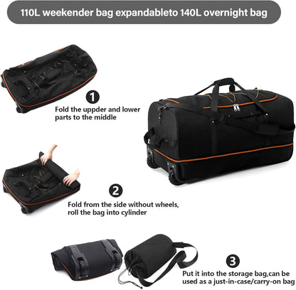 Wheeled Collapsible Duffel Bag,110L-140L Expandable Checked Luggage, No-Telescopic-Handle with Anti-Burst Zipper & Reinforced Frame,Black-red