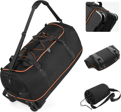 Wheeled Collapsible Duffel Bag,110L-140L Expandable Checked Luggage, No-Telescopic-Handle with Anti-Burst Zipper & Reinforced Frame,Black-red