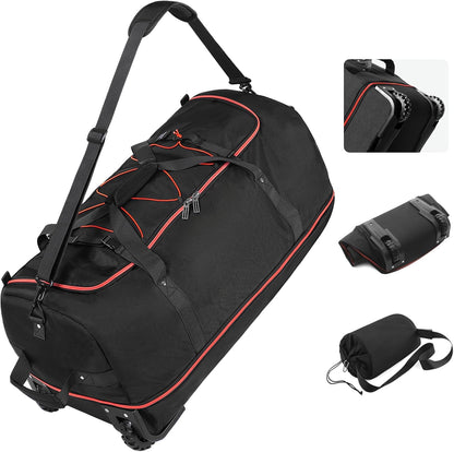 Wheeled Collapsible Duffel Bag,110L-140L Expandable Checked Luggage, No-Telescopic-Handle with Anti-Burst Zipper & Reinforced Frame,Black-red