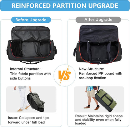 Wheeled Collapsible Duffel Bag,110L-140L Expandable Checked Luggage, No-Telescopic-Handle with Anti-Burst Zipper & Reinforced Frame,Black-red